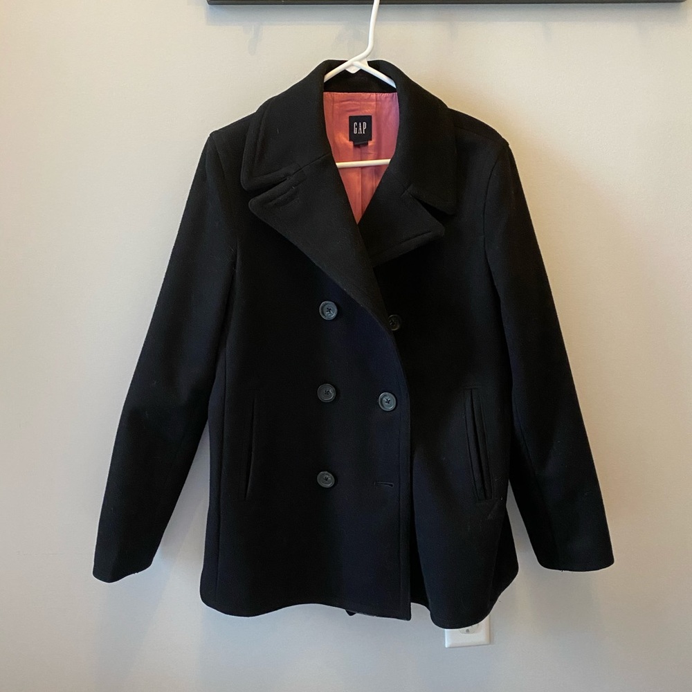 Gap Wool Pea Coat, Pink Silk Lining, Sz L Black